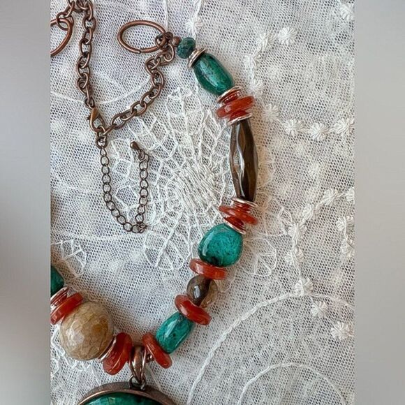 Asymmetrical Turquoise & Coral Beaded Fashion Statement Necklace - Picture 5 of 10